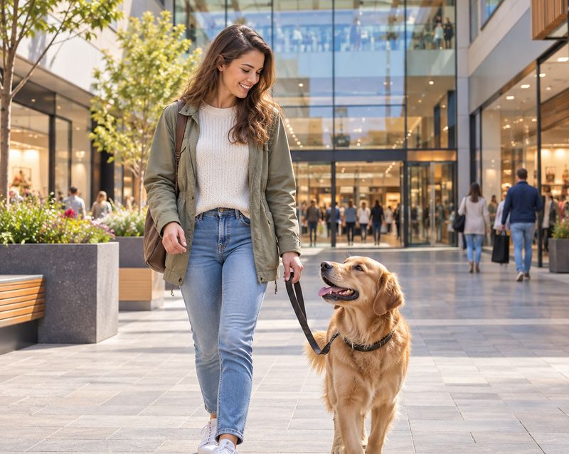 Startseite 6 Frau läuft mit ihrem Hund an lockerer Leine vor einem Einkaufszentrum