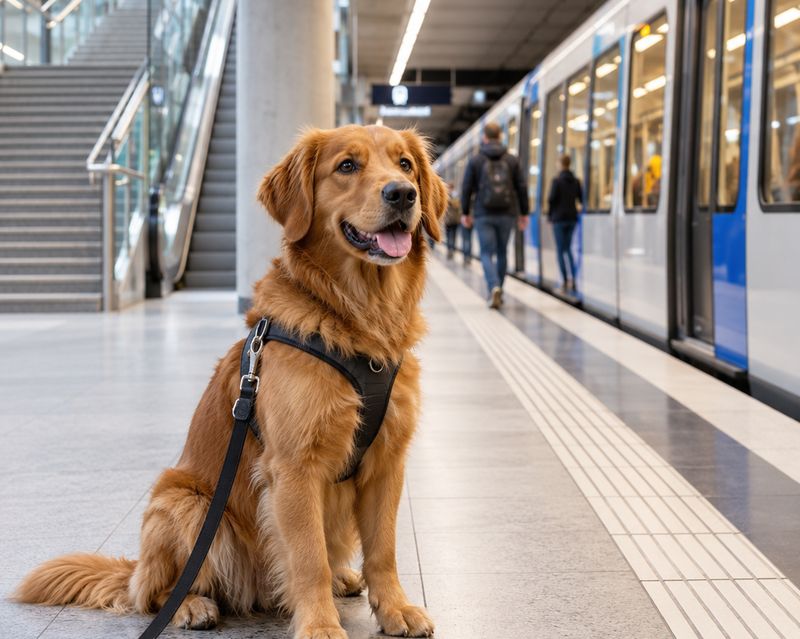 Hundeschule Nürnberg 13 Hund sitzt ruhig an der Leine auf einem U-Bahnsteig neben einem einfahrenden Zug